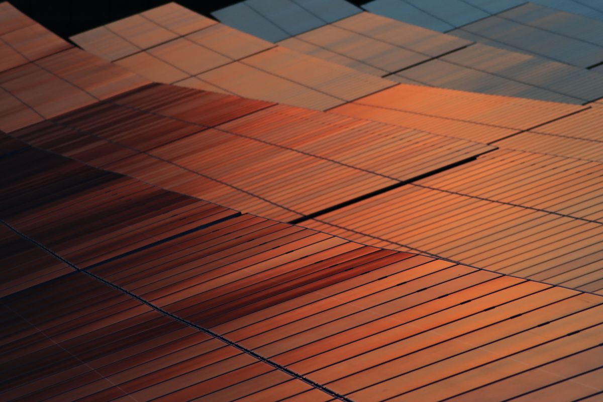 Monochrome photograph: A close-up of photovoltaic panels.